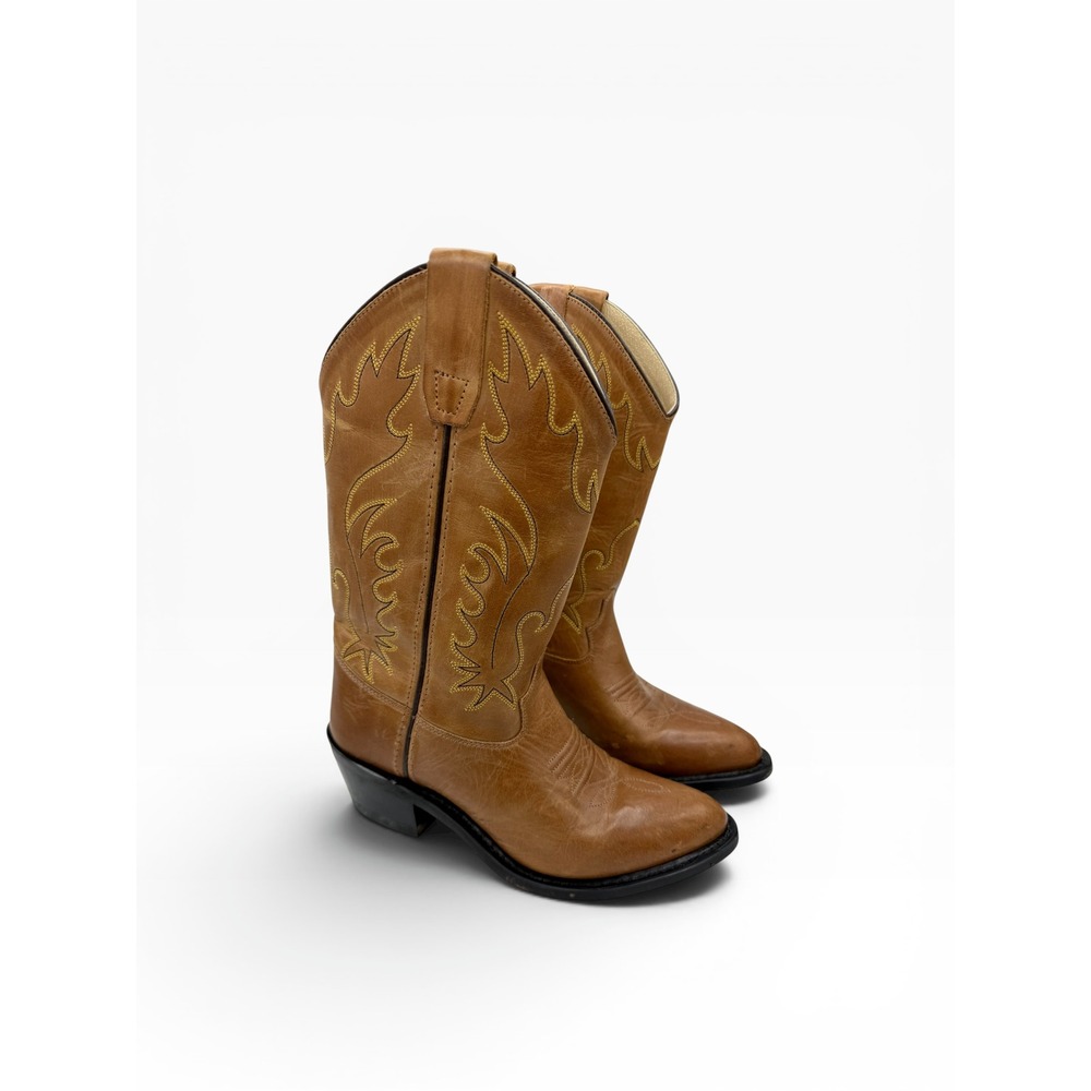 Old West Kids Tan Leather Cowboy Boots CCY8129G Brown Western Pointed Toe 4.0